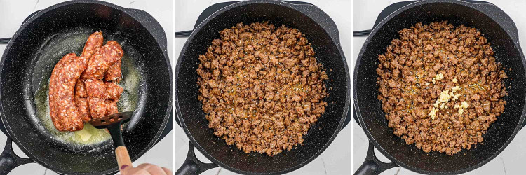 process shots showing how to make orecchiette with sausage and broccoli.