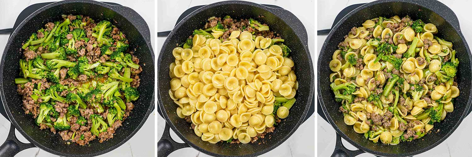 process shots showing how to make orecchiette with sausage and broccoli.