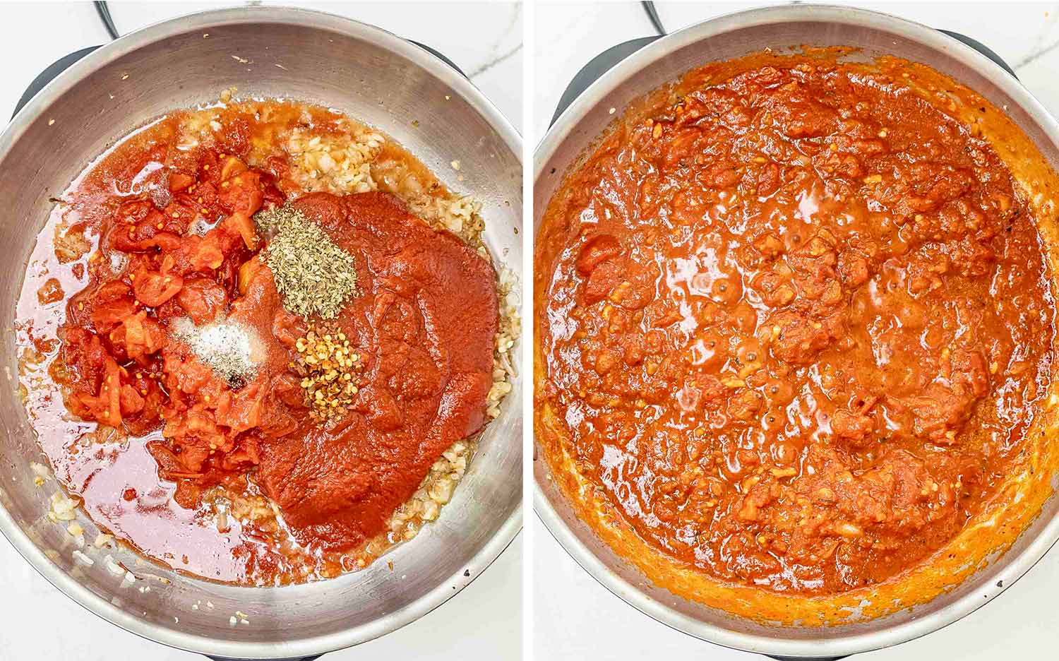 process shots showing how to make pasta alla norma.