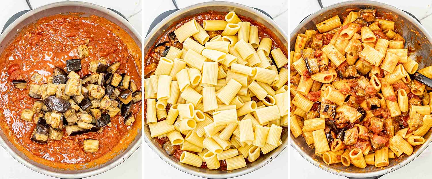 process shots showing how to make pasta alla norma.