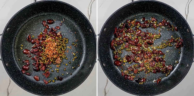 process shots showing how to make pasta puttanesca.