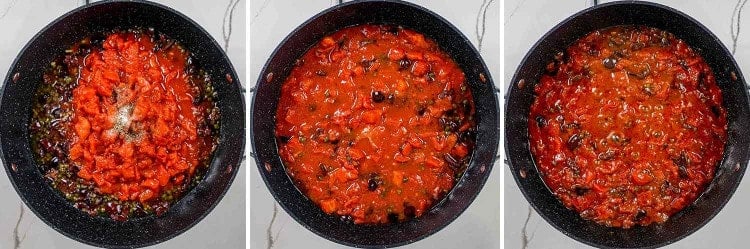 process shots showing how to make pasta puttanesca.