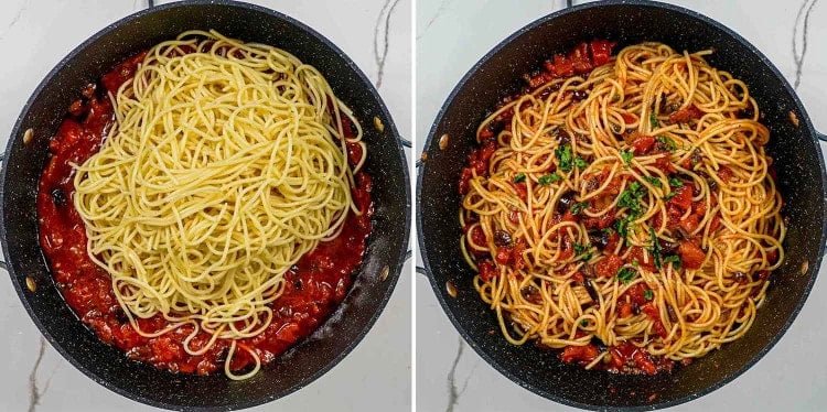 process shots showing how to make pasta puttanesca.