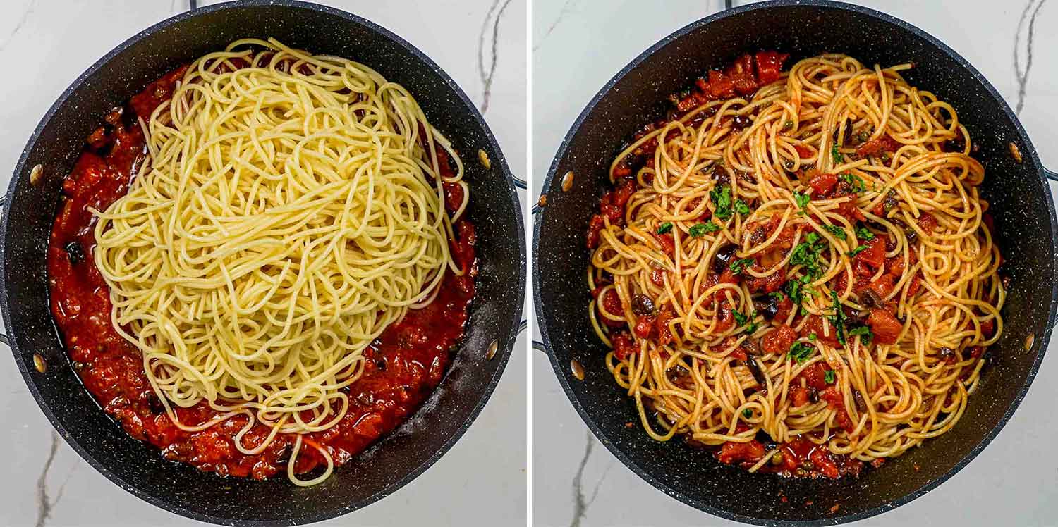 process shots showing how to make pasta puttanesca.