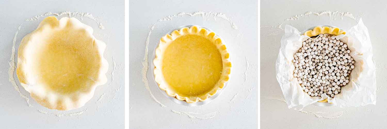 process shots showing how to prep pie crust for blind baking.