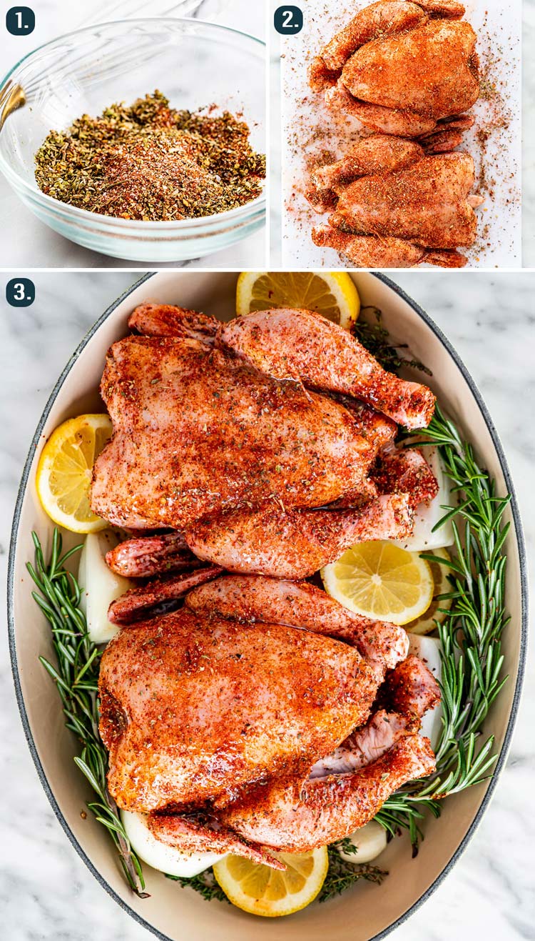 process shots showing how to cook cornish hens
