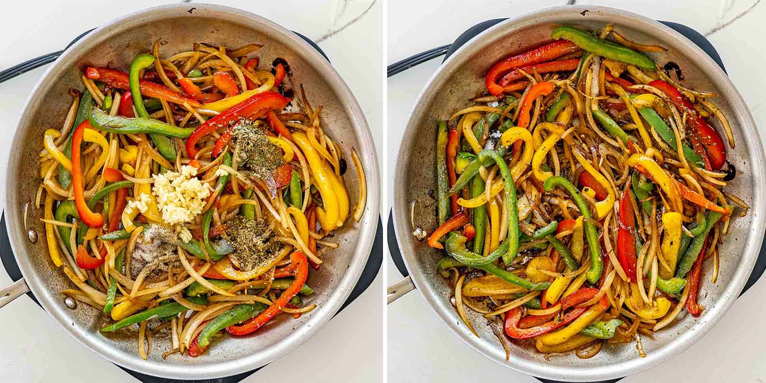 process shots showing how to make sausage peppers and onions.