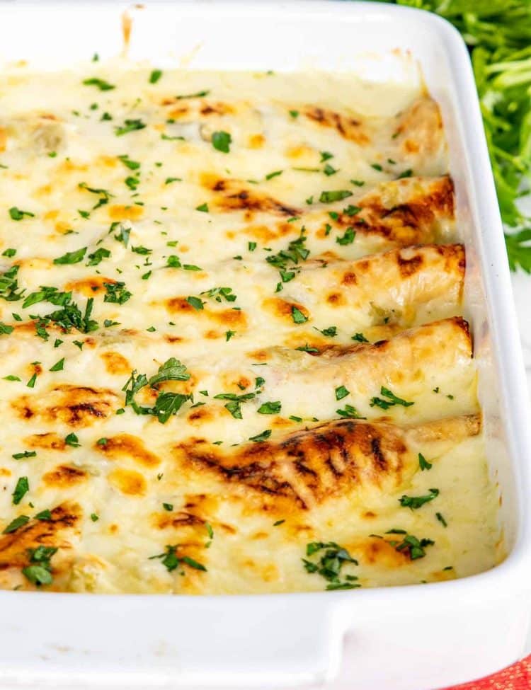 white chicken enchiladas in a white casserole dish.